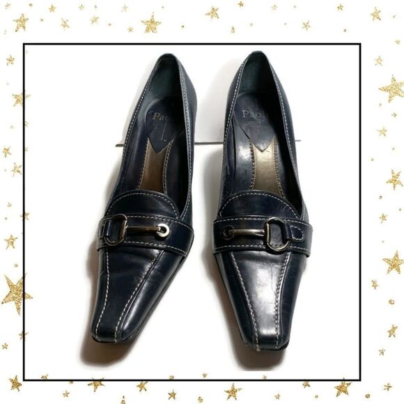 Linea Paola Navy Leather Pointed Toe Heels 6.5 - Picture 3 of 7